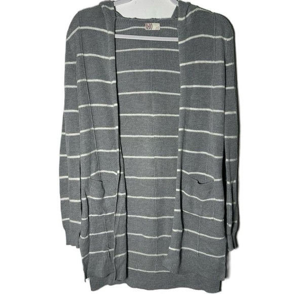 SO Gray White Striped Hooded Longline Cardigan sweater open front size S - Picture 1 of 16